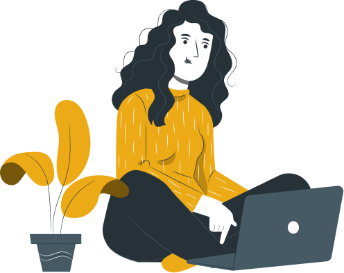 Ilustração mulher sentada trabalhando no computador com vaso de planta ao lado